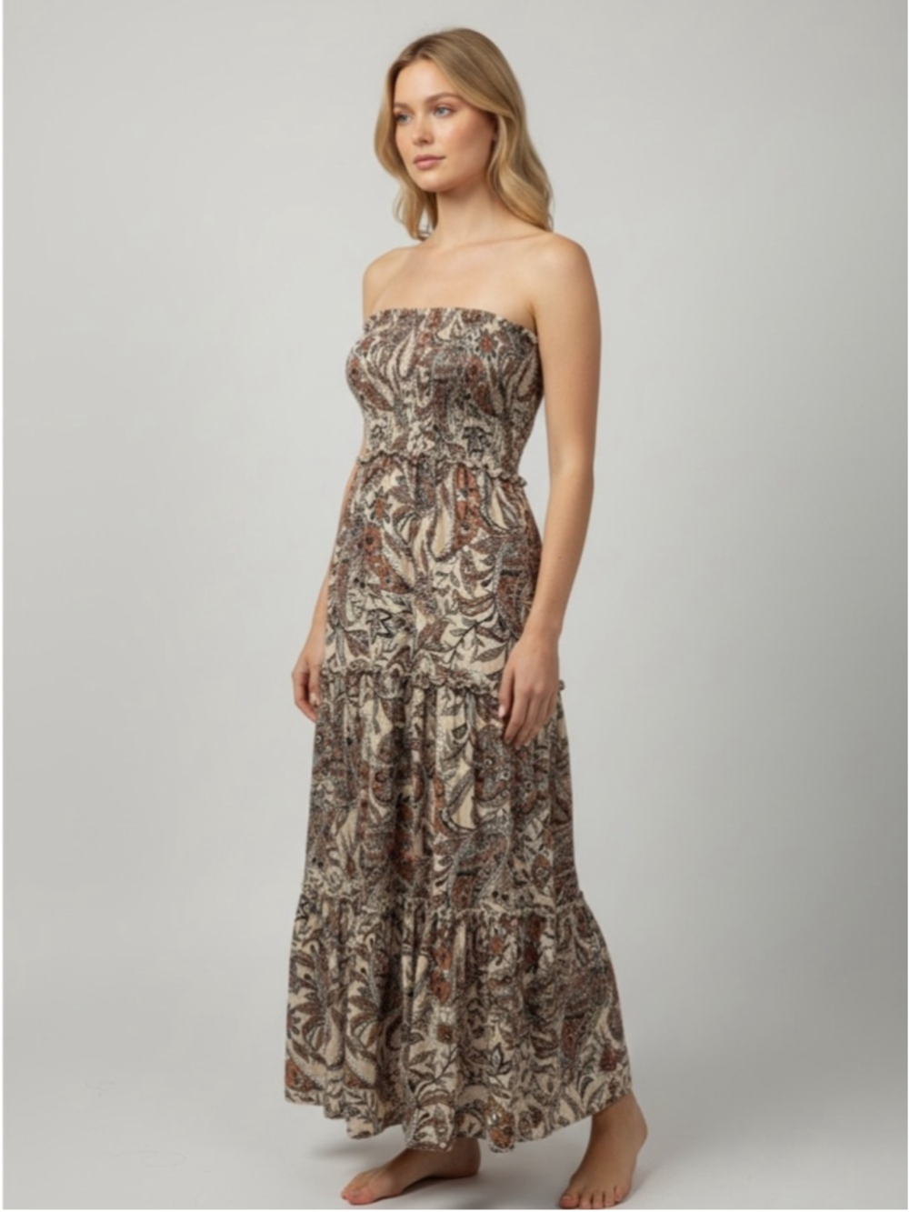 Abel The Label Paisley Smocked Strapless Maxi Dress in Cream and Brow